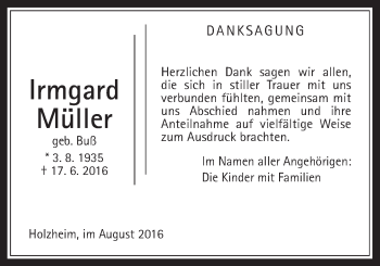 Traueranzeige von Irmgard Müller von Pohlheimer Nachrichten