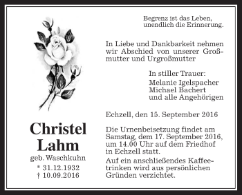 Traueranzeige von Christel Lahm von Wetterauer Zeitung, Wetterauer Zeitung