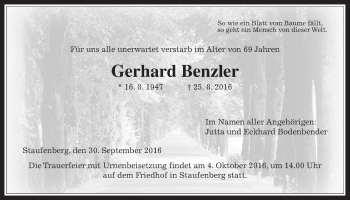 Traueranzeige von Gerhard Benzler von Gießener Allgemeine, Alsfelder Allgemeine