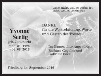 Traueranzeige von Yvonne Seelig von Wetterauer Zeitung, Wetterauer Zeitung