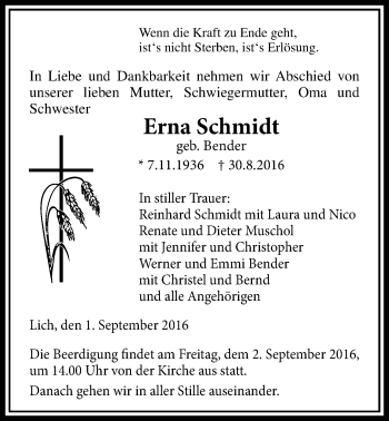 Traueranzeige von Erna Schmidt von Licher Wochenblatt, Licher Wochenblatt, Licher Wochenblatt