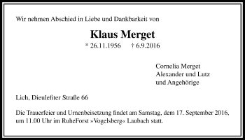 Traueranzeige von Klaus Merget von Licher Wochenblatt, Licher Wochenblatt, Licher Wochenblatt