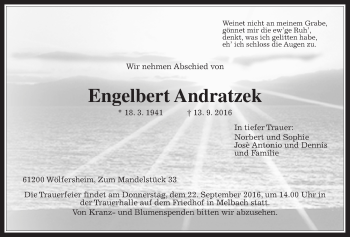Traueranzeige von Engelbert Andratzek von Wetterauer Zeitung, Wetterauer Zeitung