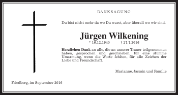Traueranzeige von Jürgen Wilkening von Wetterauer Zeitung, Wetterauer Zeitung