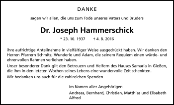 Traueranzeige von Joseph Hammerschick von Gießener Allgemeine, Alsfelder Allgemeine