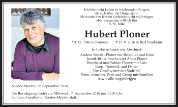 Traueranzeige von Hubert Ploner von Wetterauer Zeitung, Wetterauer Zeitung