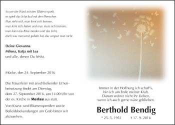 Traueranzeige von Berthold Bendig von Gießener Allgemeine, Alsfelder Allgemeine, Alsfelder Allgemeine