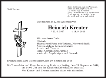 Traueranzeige von Heinrich Kreuter von Alsfelder Allgemeine