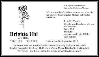 Traueranzeige von Brigitte Uhl von Gießener Allgemeine, Alsfelder Allgemeine