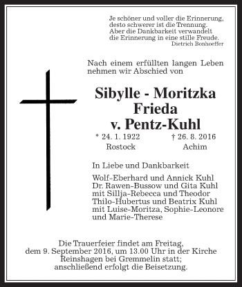 Traueranzeige von Sibylle-Moritzka Frieda v. Pentz-Kuhl von Wetterauer Zeitung, Wetterauer Zeitung, Gießener Allgemeine, Alsfelder Allgemeine