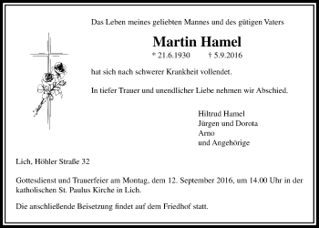 Traueranzeige von Martin Hamel von Gießener Allgemeine, Alsfelder Allgemeine
