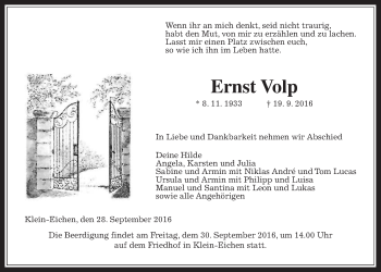 Traueranzeige von Ernst Volp von Gießener Allgemeine, Alsfelder Allgemeine