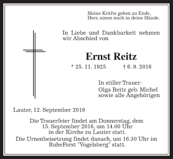 Traueranzeige von Ernst Reitz von Gießener Allgemeine, Alsfelder Allgemeine