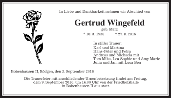 Traueranzeige von Gertrud Wingefeld von Gießener Allgemeine, Alsfelder Allgemeine