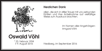 Traueranzeige von Oswald Vöhl von Wetterauer Zeitung, Wetterauer Zeitung