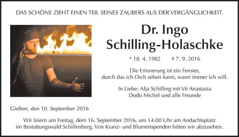  Traueranzeige für Ingo Schilling-Holaschke vom 10.09.2016 aus Gießener Allgemeine, Alsfelder Allgemeine