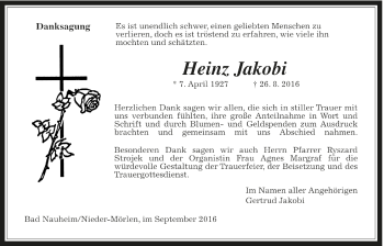Traueranzeige von Heinz Jakobi von Wetterauer Zeitung, Wetterauer Zeitung