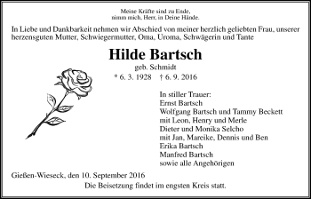 Traueranzeige von Hilde Bartsch von Gießener Allgemeine, Alsfelder Allgemeine