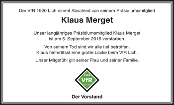 Traueranzeige von Klaus Merget von Licher Wochenblatt, Licher Wochenblatt, Licher Wochenblatt