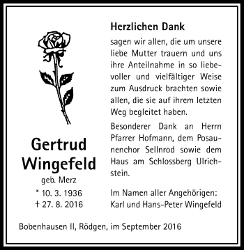 Traueranzeige von Gertrud Wingefeld von Gießener Allgemeine, Alsfelder Allgemeine