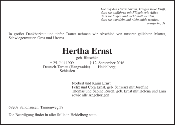 Traueranzeige von Hertha Ernst von Gießener Allgemeine, Alsfelder Allgemeine