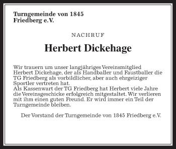 Traueranzeige von Herbert Dickehage von Wetterauer Zeitung, Wetterauer Zeitung