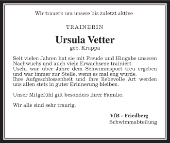 Traueranzeige von Ursula Vetter von Wetterauer Zeitung, Wetterauer Zeitung