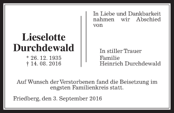 Traueranzeige von Lieselotte Durchdewald von Wetterauer Zeitung, Wetterauer Zeitung