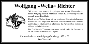 Traueranzeige von Wolfgang Richter von Heimatzeitung Grünberg + Laubach, Laubacher Anzeiger