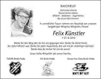 Traueranzeige von Felix Künstler von Alsfelder Allgemeine