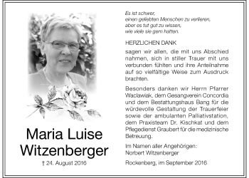 Traueranzeige von Maria Lusie Witzenberger von Wetterauer Zeitung, Wetterauer Zeitung