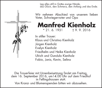 Traueranzeige von Manfred Kienholz von Gießener Allgemeine, Alsfelder Allgemeine