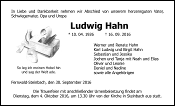 Traueranzeige von Ludwig Hahn von Gießener Allgemeine, Alsfelder Allgemeine