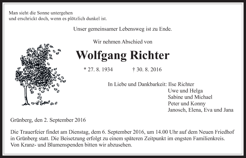  Traueranzeige für Wolfgang Richter vom 02.09.2016 aus Gießener Allgemeine, Alsfelder Allgemeine