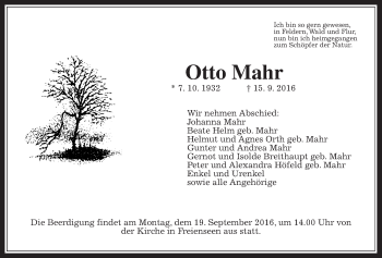Traueranzeige von Otto Mahr von Gießener Allgemeine, Alsfelder Allgemeine