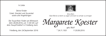 Traueranzeige von Margarete Koester von Wetterauer Zeitung, Wetterauer Zeitung