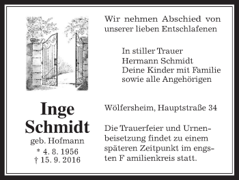 Traueranzeige von Inge Schmidt von Wetterauer Zeitung, Wetterauer Zeitung