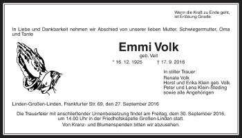 Traueranzeige von Emmi Volk von Gießener Allgemeine, Alsfelder Allgemeine