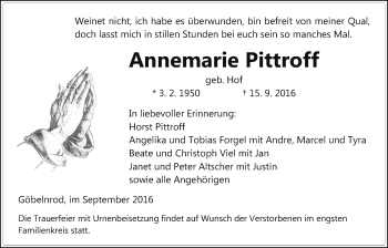 Traueranzeige von Annemarie Pittroff von Gießener Allgemeine, Alsfelder Allgemeine