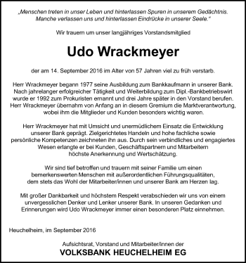 Traueranzeige von Udo Wrackmeyer von Gießener Allgemeine, Alsfelder Allgemeine