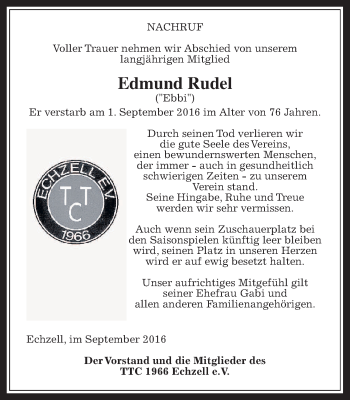 Traueranzeige von Edmund Rudel von Wetterauer Zeitung, Wetterauer Zeitung