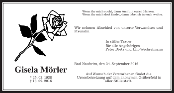 Traueranzeige von Gisela Mörler von Wetterauer Zeitung, Wetterauer Zeitung