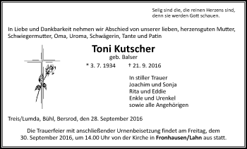 Traueranzeige von Toni Kutscher von Gießener Allgemeine, Alsfelder Allgemeine