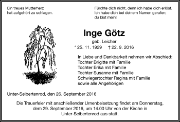 Traueranzeige von Inge Götz von Alsfelder Allgemeine