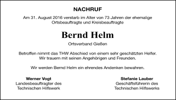 Traueranzeige von Bernd Helm von Gießener Allgemeine, Alsfelder Allgemeine