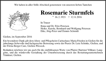 Traueranzeige von Rosemarie Sturmfels von Gießener Allgemeine, Alsfelder Allgemeine