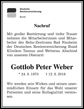 Traueranzeige von Gottlob Peter Weber von Wetterauer Zeitung, Wetterauer Zeitung