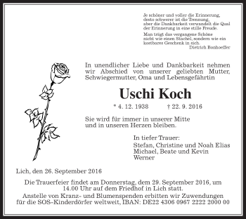 Traueranzeige von Uschi Koch von Gießener Allgemeine, Alsfelder Allgemeine