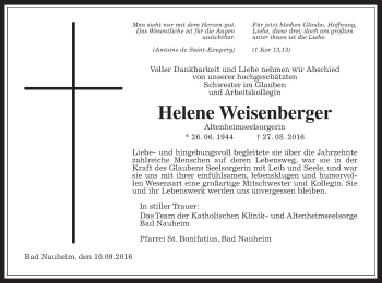 Traueranzeige von Helene Weisenberger von Wetterauer Zeitung, Wetterauer Zeitung