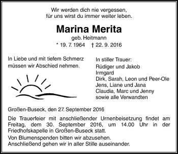 Traueranzeige von Marina Merita von Gießener Allgemeine, Alsfelder Allgemeine